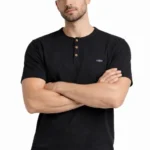 Erkek Waffle Dokulu Likralı Henley Yaka Düğmeli Regular Fit Kısa Kollu T-Shirt - Siyah