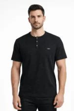 Erkek Waffle Dokulu Likralı Henley Yaka Düğmeli Regular Fit Kısa Kollu T-Shirt - Siyah - Görsel 4