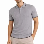 Erkek Düğmeli Yaka Triko Dokuma Tişört Desenli Yazlık Şık Günlük Triko Tişört - Gri