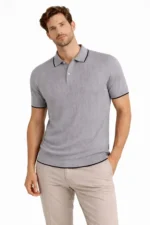 Erkek Düğmeli Yaka Triko Dokuma Tişört Desenli Yazlık Şık Günlük Triko Tişört - Gri