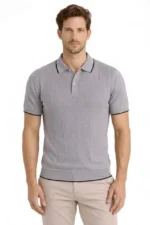 Erkek Düğmeli Yaka Triko Dokuma Tişört Desenli Yazlık Şık Günlük Triko Tişört - Gri - Görsel 2