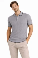 Erkek Düğmeli Yaka Triko Dokuma Tişört Desenli Yazlık Şık Günlük Triko Tişört - Gri - Görsel 3