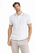 Erkek Düğmeli Yaka Triko Dokuma Tişört Desenli Yazlık Şık Günlük Triko Tişört - Beyaz