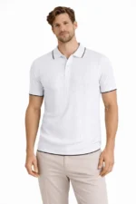 Erkek Düğmeli Yaka Triko Dokuma Tişört Desenli Yazlık Şık Günlük Triko Tişört - Beyaz - Görsel 2