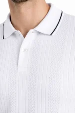 Erkek Düğmeli Yaka Triko Dokuma Tişört Desenli Yazlık Şık Günlük Triko Tişört - Beyaz - Görsel 3