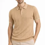 Erkek Düğmeli Yaka Triko Dokuma Tişört Desenli Yazlık Şık Günlük Triko Tişört - Kahverengi