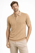 Erkek Düğmeli Yaka Triko Dokuma Tişört Desenli Yazlık Şık Günlük Triko Tişört - Kahverengi