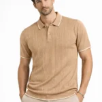 Erkek Düğmeli Yaka Triko Dokuma Tişört Desenli Yazlık Şık Günlük Triko Tişört - Kahverengi - Görsel 2