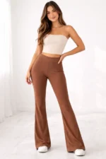Fitilli Kaşkorse İspanyol Paça Tayt Yüksek Bel Esnek Günlük Rahat Pantolon - Kahverengi - Görsel 2