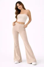 Fitilli Kaşkorse İspanyol Paça Tayt Yüksek Bel Esnek Günlük Rahat Pantolon - Bej