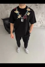 Erkek Baskılı T-Shirt Kısa Kol Bisiklet Yaka Regular Fit Rahat Kalıp Günlük Tişört - Siyah - Görsel 4