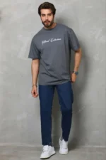 Erkek Baskılı T-Shirt Kısa Kol Bisiklet Yaka Regular Fit Rahat Kalıp Günlük Tişört - Füme - Görsel 2