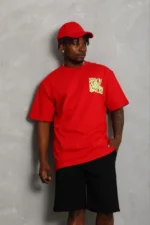 Erkek Baskılı T-Shirt Kısa Kol Bisiklet Yaka Regular Fit Rahat Kalıp Günlük Tişört - Kırmızı - Görsel 4