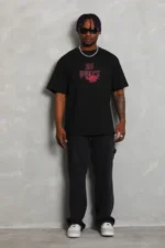 Erkek Baskılı Tişort Kısa Kol Bisiklet Yaka Ovarsize T-Shirt - Siyah