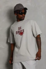 ERKEK Oversize Baskılı Bisiklet Yaka T-Shirt - Gri