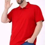 Erkek Pike Kumaş Düğmeli Yaka Battal Büyük Beden Günlük Kısa Kol Tişört T-shirt - Kırmızı