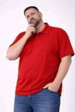 Erkek Pike Kumaş Düğmeli Yaka Battal Büyük Beden Günlük Kısa Kol Tişört T-shirt - Kırmızı - Görsel 2