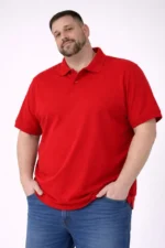 Erkek Pike Kumaş Düğmeli Yaka Battal Büyük Beden Günlük Kısa Kol Tişört T-shirt - Kırmızı - Görsel 3