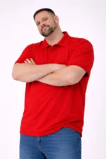 Erkek Pike Kumaş Düğmeli Yaka Battal Büyük Beden Günlük Kısa Kol Tişört T-shirt - Kırmızı - Görsel 4