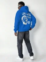 Erkek Premium Baskılı Kapşonlu Sweatshirt Üç İplik İçi Pamuklu Kanguru Cepli - Saks Mavisi - Görsel 3