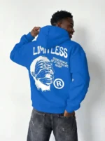 Erkek Premium Baskılı Kapşonlu Sweatshirt Üç İplik İçi Pamuklu Kanguru Cepli - Saks Mavisi - Görsel 4