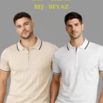 Erkek Dokuma Triko Tişört Fermuar Yakalı Yazlık Kısa Kol T-Shirt 2’li Set Bej-Beyaz