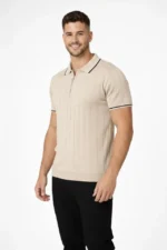 Erkek Dokuma Triko Tişört Fermuar Yakalı Yazlık Kısa Kol T-Shirt 2’li Set Bej-Beyaz - Görsel 3