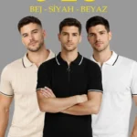 Erkek Triko Tişört Fermuar Yakalı Kısa Kol T-Shirt 3’lü Set Bej-Beyaz-Siyah