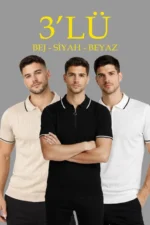 Erkek Triko Tişört Fermuar Yakalı Kısa Kol T-Shirt 3’lü Set Bej-Beyaz-Siyah