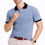 Erkek Polo Yaka Çizgili Tişört Kısa Kol Düğmeli Yazlık T-Shirt - Bebek Mavisi