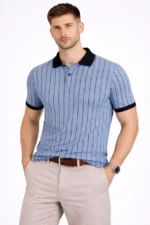 Erkek Polo Yaka Çizgili Tişört Kısa Kol Düğmeli Yazlık T-Shirt - Bebek Mavisi - Görsel 4