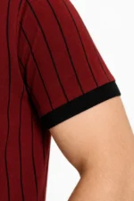 Erkek Polo Yaka Çizgili Tişört Kısa Kol Düğmeli Yazlık T-Shirt - Bordo - Görsel 2