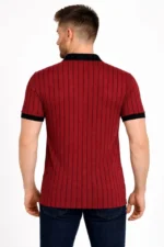 Erkek Polo Yaka Çizgili Tişört Kısa Kol Düğmeli Yazlık T-Shirt - Bordo - Görsel 3