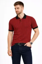 Erkek Polo Yaka Çizgili Tişört Kısa Kol Düğmeli Yazlık T-Shirt - Bordo - Görsel 4
