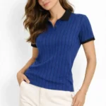 Polo Yaka Çizgili Tişört Kısa Kol Düğmeli Yazlık T-Shirt - Saks Mavisi