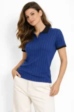 Polo Yaka Çizgili Tişört Kısa Kol Düğmeli Yazlık T-Shirt - Saks Mavisi