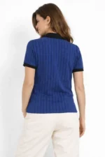 Polo Yaka Çizgili Tişört Kısa Kol Düğmeli Yazlık T-Shirt - Saks Mavisi - Görsel 2