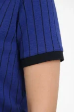 Polo Yaka Çizgili Tişört Kısa Kol Düğmeli Yazlık T-Shirt - Saks Mavisi - Görsel 3