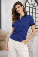 Polo Yaka Çizgili Tişört Kısa Kol Düğmeli Yazlık T-Shirt - Saks Mavisi - Görsel 4