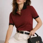 Polo Yaka Çizgili Tişört Kısa Kol Düğmeli Yazlık T-Shirt - Bordo