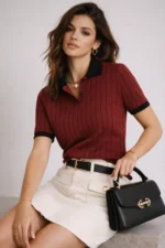 Polo Yaka Çizgili Tişört Kısa Kol Düğmeli Yazlık T-Shirt - Bordo