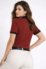 Polo Yaka Çizgili Tişört Kısa Kol Düğmeli Yazlık T-Shirt - Bordo - Görsel 2