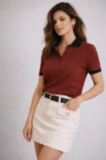 Polo Yaka Çizgili Tişört Kısa Kol Düğmeli Yazlık T-Shirt - Bordo - Görsel 3