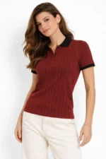 Polo Yaka Çizgili Tişört Kısa Kol Düğmeli Yazlık T-Shirt - Bordo - Görsel 4