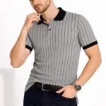 Erkek Polo Yaka Çizgili Tişört Kısa Kol Düğmeli Yazlık T-Shirt - Gri