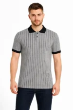 Erkek Polo Yaka Çizgili Tişört Kısa Kol Düğmeli Yazlık T-Shirt - Gri - Görsel 2