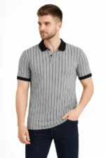 Erkek Polo Yaka Çizgili Tişört Kısa Kol Düğmeli Yazlık T-Shirt - Gri - Görsel 3