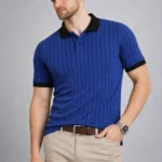 Erkek Polo Yaka Çizgili Tişört Kısa Kol Düğmeli Yazlık T-Shirt - Saks Mavisi