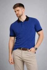 Erkek Polo Yaka Çizgili Tişört Kısa Kol Düğmeli Yazlık T-Shirt - Saks Mavisi