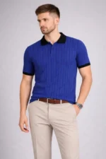 Erkek Polo Yaka Çizgili Tişört Kısa Kol Düğmeli Yazlık T-Shirt - Saks Mavisi - Görsel 3